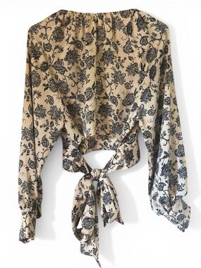 Lush Floral Tie Back Crop Blouse Small Boho Long Sleeve Cottagecore Romantic